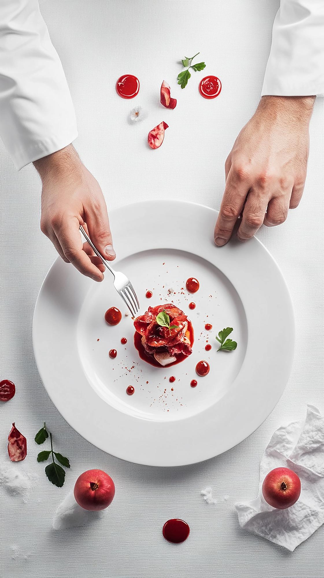 Chef plating a modern dish in a studio